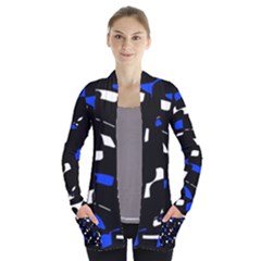 Blue, Black And White  Pattern Women s Open Front Pockets Cardigan(p194) by Valentinaart