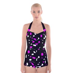 Magenta, Black And White Pattern Boyleg Halter Swimsuit 