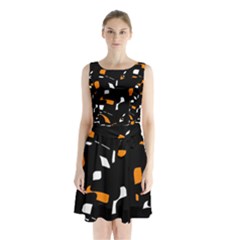 Orange, Black And White Pattern Sleeveless Waist Tie Dress