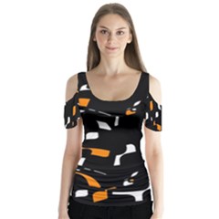 Orange, Black And White Pattern Butterfly Sleeve Cutout Tee 