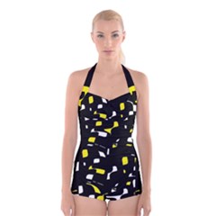 Yellow, Black And White Pattern Boyleg Halter Swimsuit 