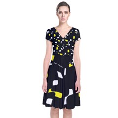 Yellow, Black And White Pattern Short Sleeve Front Wrap Dress