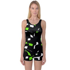 Green, Black And White Pattern One Piece Boyleg Swimsuit by Valentinaart