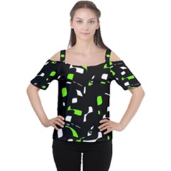 Green, Black And White Pattern Women s Cutout Shoulder Tee