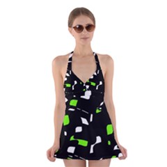 Green, Black And White Pattern Halter Swimsuit Dress