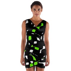 Green, Black And White Pattern Wrap Front Bodycon Dress