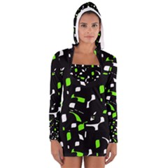 Green, Black And White Pattern Women s Long Sleeve Hooded T-shirt