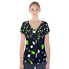 Green, Black And White Pattern Short Sleeve Front Detail Top