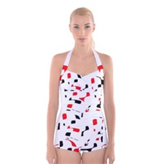 White, Red And Black Pattern Boyleg Halter Swimsuit 