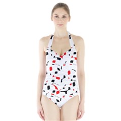 White, Red And Black Pattern Halter Swimsuit