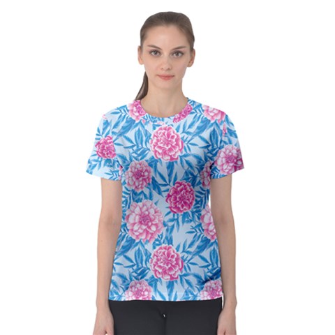 Blue & Pink Floral Women s Sport Mesh Tee by TanyaDraws