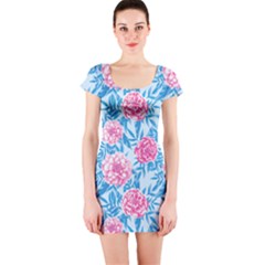 Blue & Pink Floral Short Sleeve Bodycon Dress by TanyaDraws