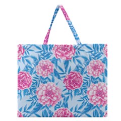 Blue & Pink Floral Zipper Large Tote Bag