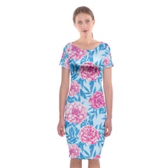 Blue & Pink Floral Classic Short Sleeve Midi Dress