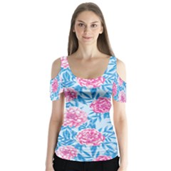 Blue & Pink Floral Butterfly Sleeve Cutout Tee 