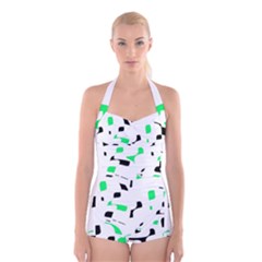 Green, Black And White Pattern Boyleg Halter Swimsuit 