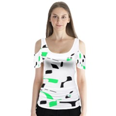 Green, Black And White Pattern Butterfly Sleeve Cutout Tee 