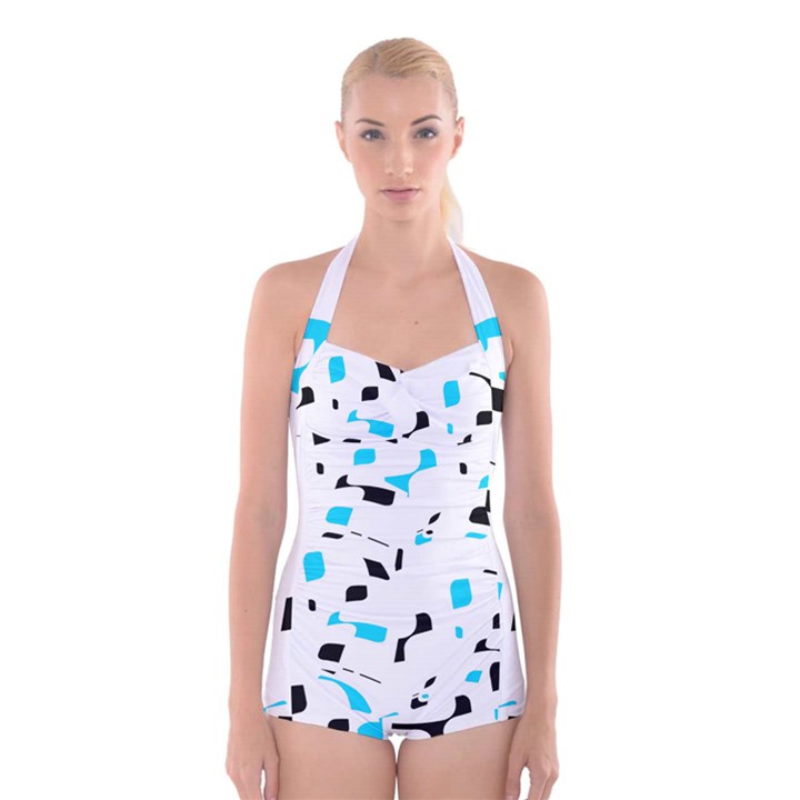 Blue, black and white pattern Boyleg Halter Swimsuit 