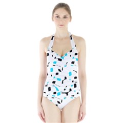 Blue, Black And White Pattern Halter Swimsuit