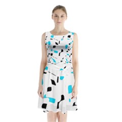 Blue, Black And White Pattern Sleeveless Waist Tie Dress