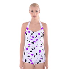 Purple, Black And White Pattern Boyleg Halter Swimsuit 