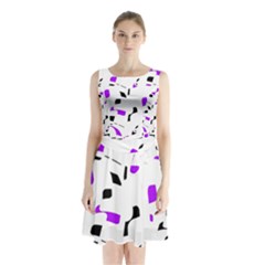 Purple, Black And White Pattern Sleeveless Waist Tie Dress