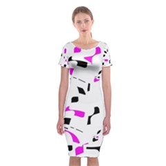 Magenta, Black And White Pattern Classic Short Sleeve Midi Dress