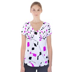 Magenta, Black And White Pattern Short Sleeve Front Detail Top