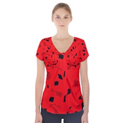 Red And Black Pattern Short Sleeve Front Detail Top