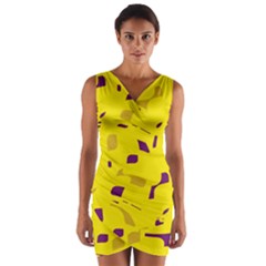 Yellow And Purple Pattern Wrap Front Bodycon Dress