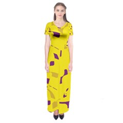 Yellow And Purple Pattern Short Sleeve Maxi Dress