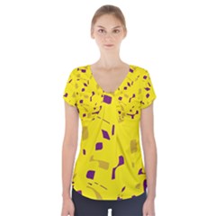 Yellow And Purple Pattern Short Sleeve Front Detail Top