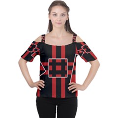 Red And Black Geometric Pattern Women s Cutout Shoulder Tee