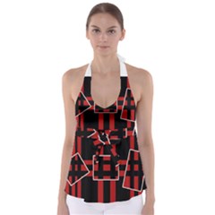 Red And Black Geometric Pattern Babydoll Tankini Top