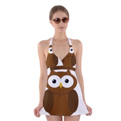 Cute Transparent Brown Owl Halter Swimsuit Dress by Valentinaart