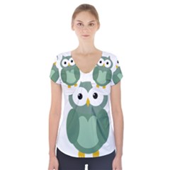 Green Cute Transparent Owl Short Sleeve Front Detail Top