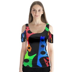 Colorful Abstract Pattern Butterfly Sleeve Cutout Tee 