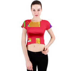 Red Abstraction Crew Neck Crop Top by Valentinaart