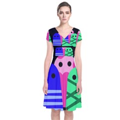 Three Monsters Short Sleeve Front Wrap Dress