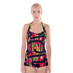 Colorful Abstraction Boyleg Halter Swimsuit 