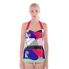 Abstract Train Boyleg Halter Swimsuit 