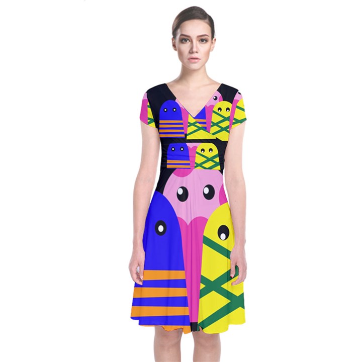 Three monsters Short Sleeve Front Wrap Dress