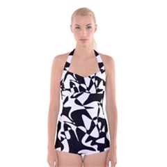 Black And White Elegant Pattern Boyleg Halter Swimsuit 