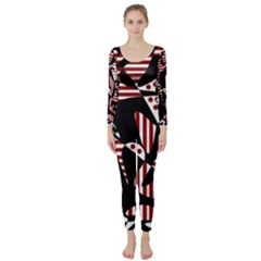 Red, Black And White Abstraction Long Sleeve Catsuit by Valentinaart