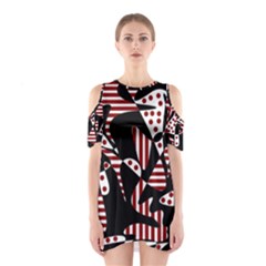 Red, Black And White Abstraction Cutout Shoulder Dress