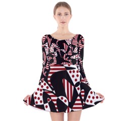 Red, Black And White Abstraction Long Sleeve Velvet Skater Dress by Valentinaart