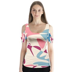 Blue, Pink And Purple Pattern Butterfly Sleeve Cutout Tee 