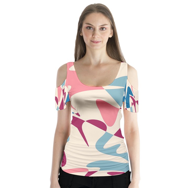 Blue, pink and purple pattern Butterfly Sleeve Cutout Tee 