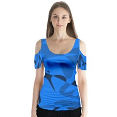 Blue Pattern Butterfly Sleeve Cutout Tee 