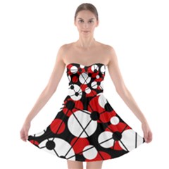 Red, Black And White Pattern Strapless Dresses